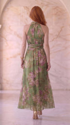 Emilia | Vestido maxi de gasa verde con flores y tirantes