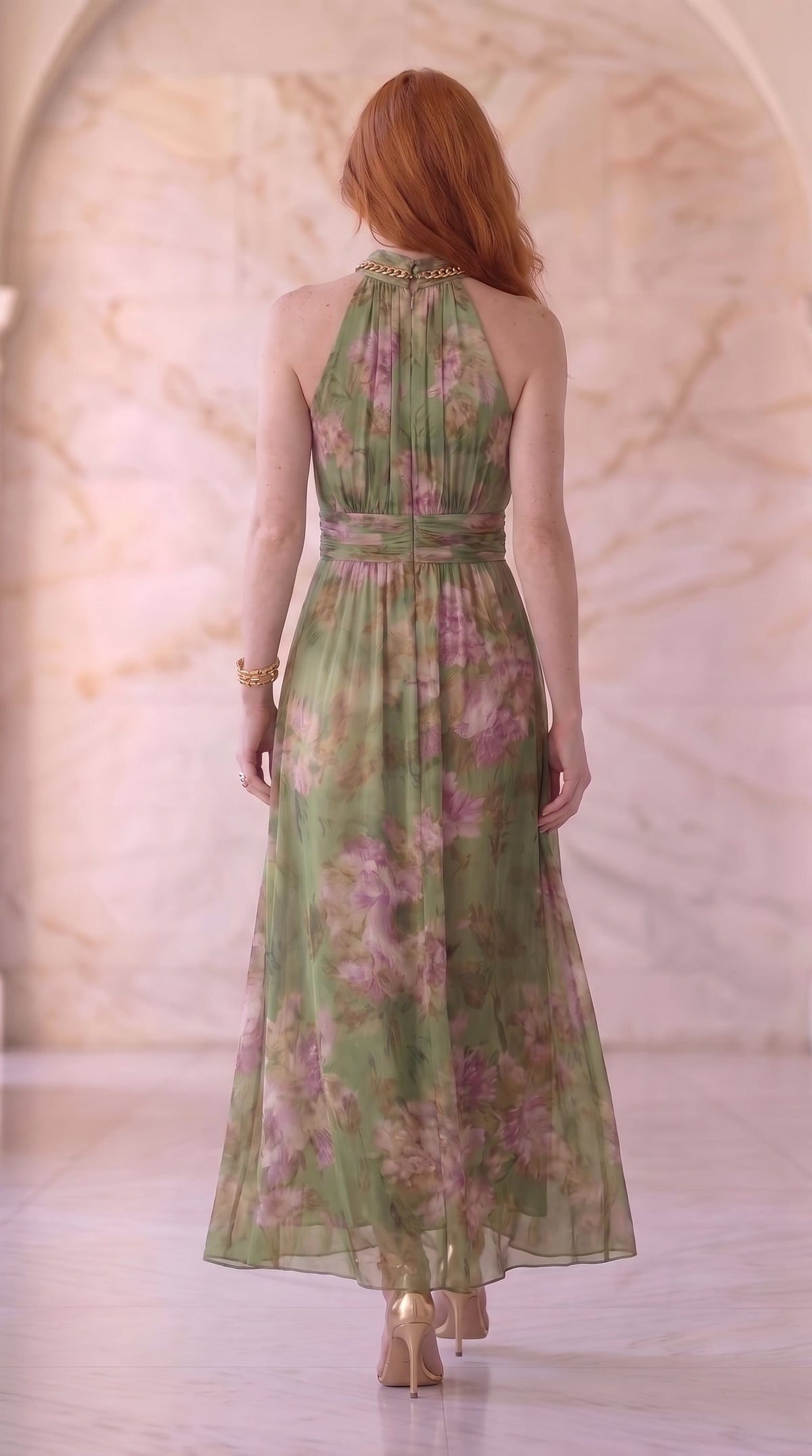 Emilia | Vestido maxi de gasa verde con flores y tirantes