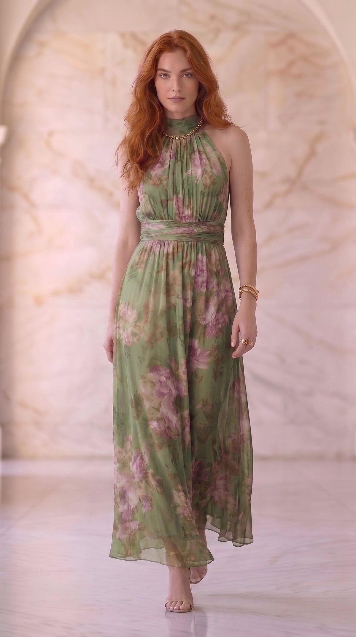 Emilia | Vestido maxi de gasa verde con flores y tirantes