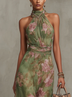 Emilia | Vestido maxi de gasa verde con flores y tirantes