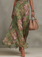 Emilia | Vestido maxi de gasa verde con flores y tirantes