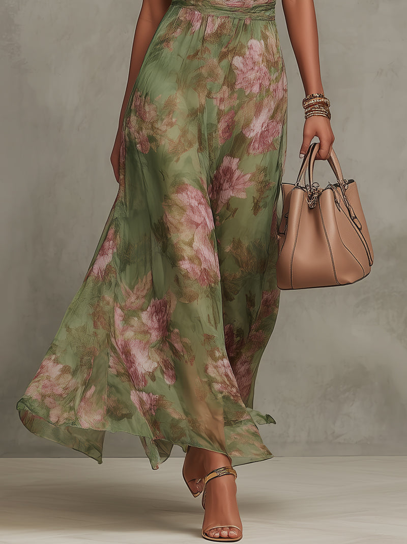 Emilia | Vestido maxi de gasa verde con flores y tirantes