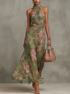 Emilia | Vestido maxi de gasa verde con flores y tirantes