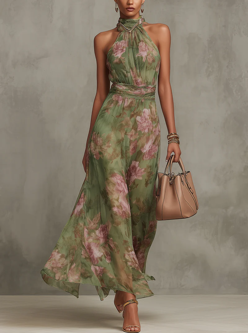 Emilia | Vestido maxi de gasa verde con flores y tirantes