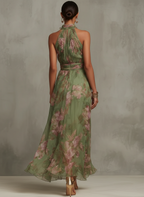 Emilia | Vestido maxi de gasa verde con flores y tirantes