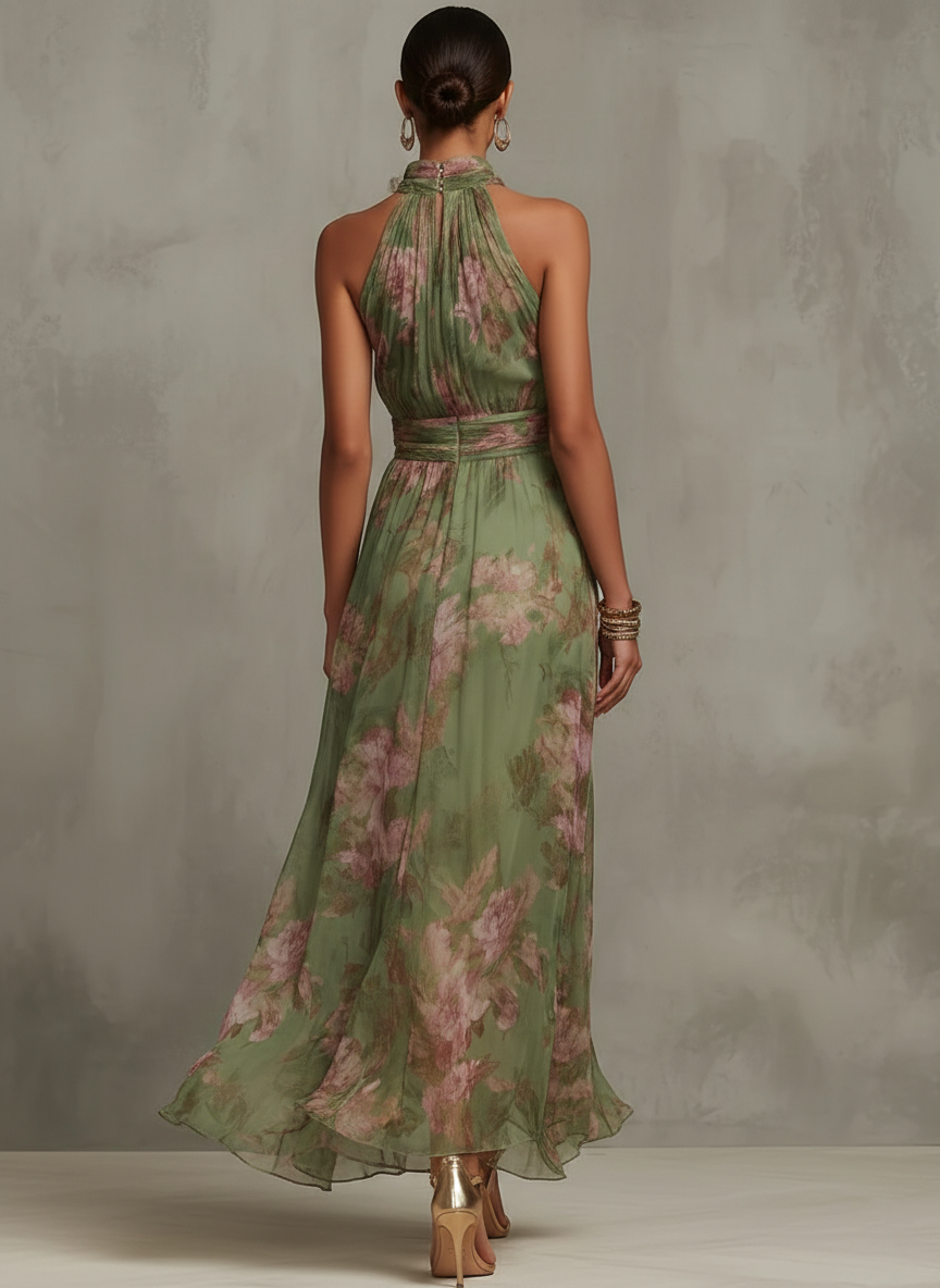 Emilia | Vestido maxi de gasa verde con flores y tirantes